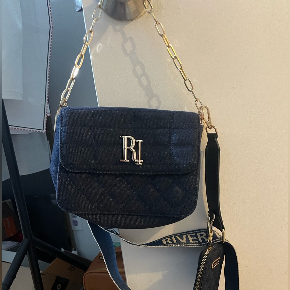 River Island quilted double cross body bag in Navy Blue